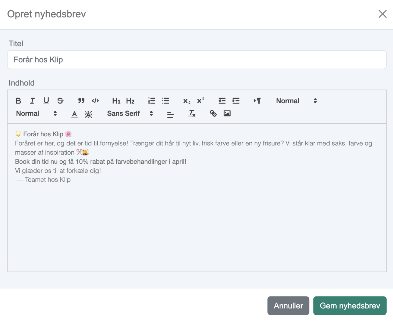 Reserva nyhedsbrevssystem interface