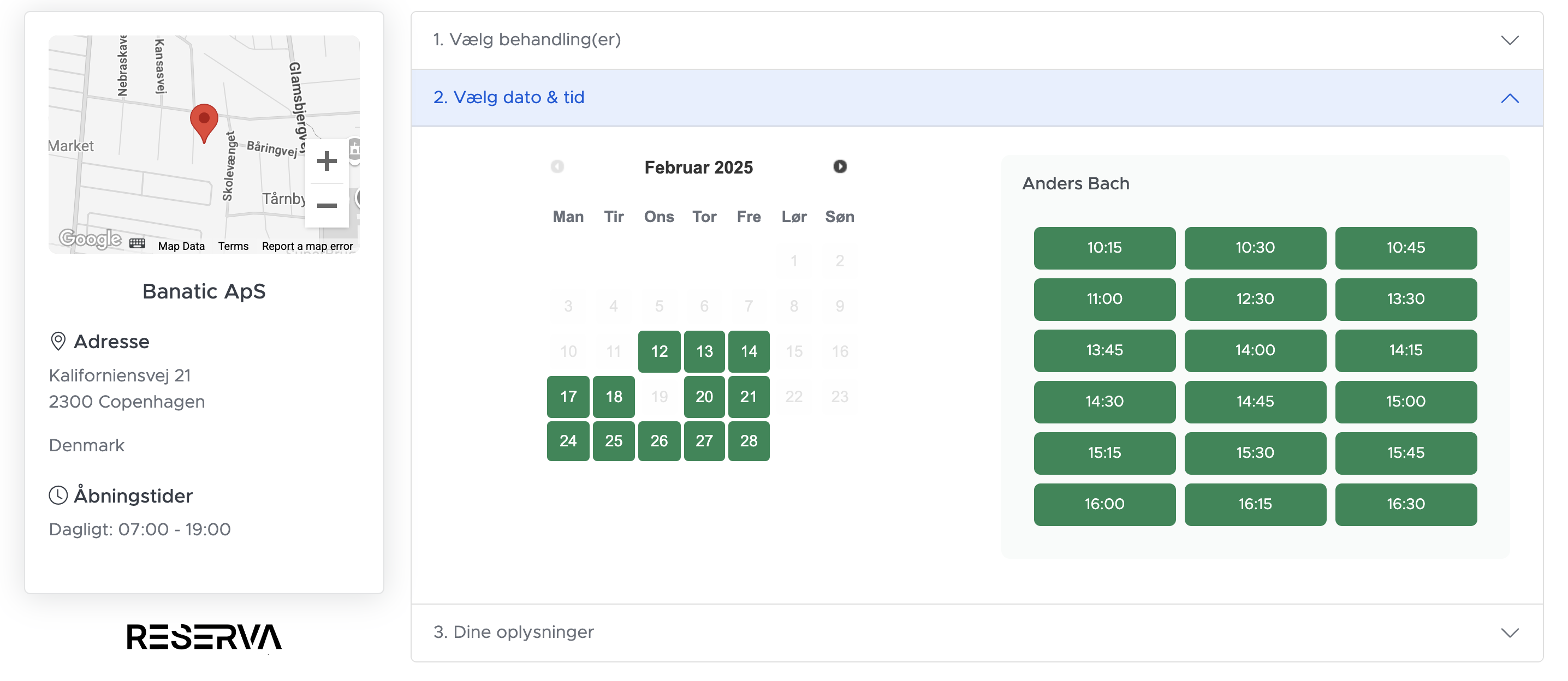 Online booking system interface